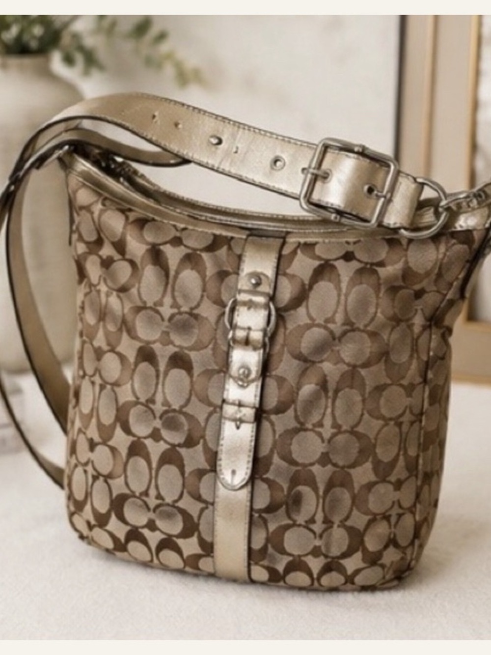 Coach Chelsea Signature Duffle Shoulder Crossbody Bag Khaki Gold F14446